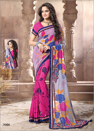 7005 - Georgette Embroidered Saree, Size 6.30 | Red and Blue, Printed Pattern, Bollywood Style for All Seasons