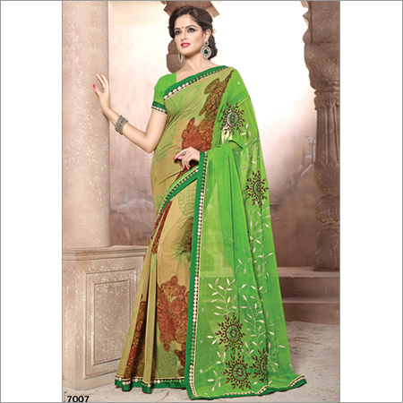 7007 - Georgette Saree, Size 6.30, Green with Embroidery Work | Designed for All Seasons, Bollywood Style, Printed Pattern