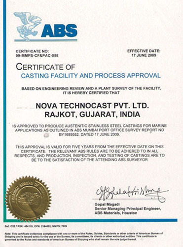 Casting Facility and Process Approval Certificate