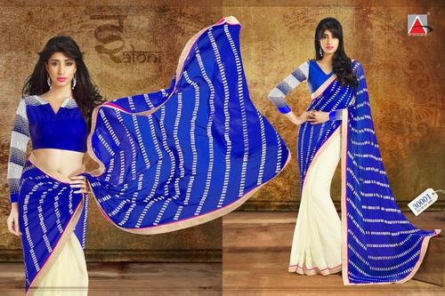 Blue or Cream Bollywood Saree - Synthetic Velvet/Net, 5.5m Length, Soft Fabric, Stylish Party Wear