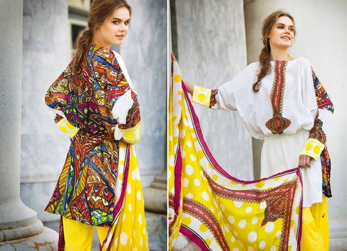 Off White and Yellow Faux Crepe Salwar Kameez