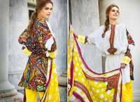 Off White and Yellow Faux Crepe Salwar Kameez