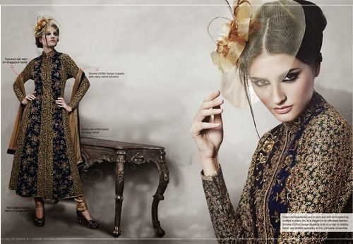 Dark Blue and Dark Green Velvet and Art Silk Churidar Kameez