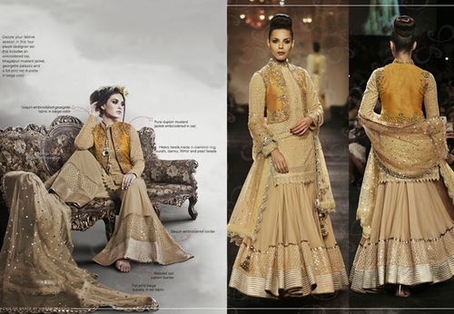 Light Beige Faux Georgette Kameez with Palazzo - Faux Georgette, Semi-Stitched, Light Beige, Art Silk Mustard Jacket | Resham, Zari, Stone, Bead, Sequins Embroidery, Net Dupatta, Wedding Wear