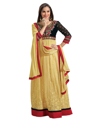 Ladies Designer Anarkali Suits - Georgette Top, Santoon Bottom, Beige Color, Size 42 | Resham Thread Embroidery, Party Wear, Customizable Size