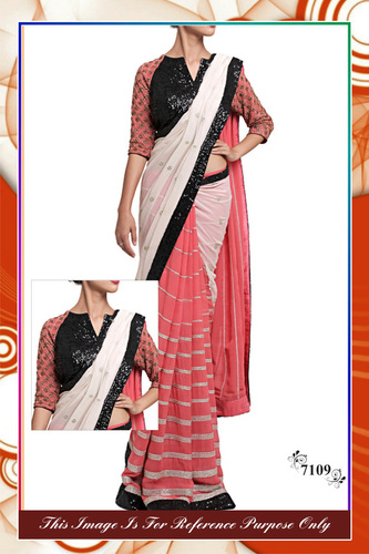 Saree - Georgette Black Silk with Embroidery Work | Bollywood Style, Suitable for Winter, Rainy, Spring, and Summer, Printed Pattern, in White and Peach