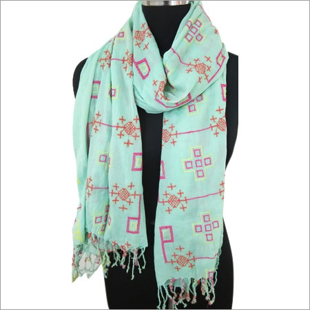 Green And Pink Emb Scarf