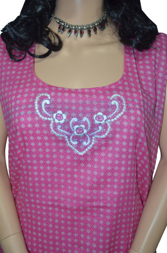 Pink printed sleeveless cotton Top with embroidery
