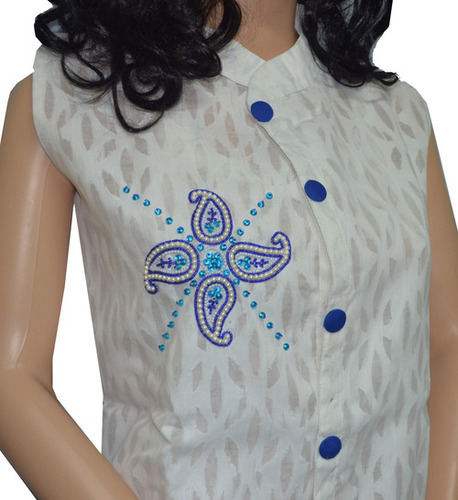 White Cotton Brasso Sleeveless Top with Embroidery