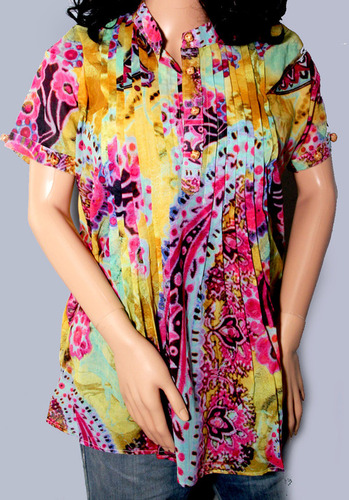 Yellow-Pink Printed pleated Top