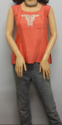 Peach Cotton Silk Top with Embroidery