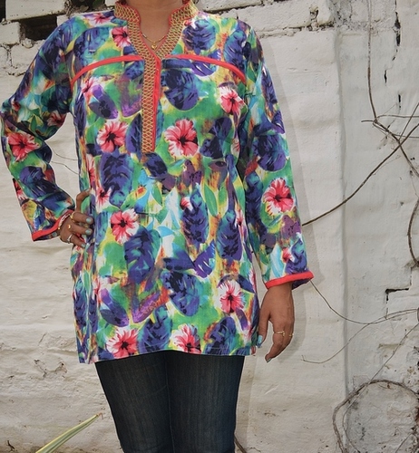 Printed Cotton Rayon Top with Embroidery