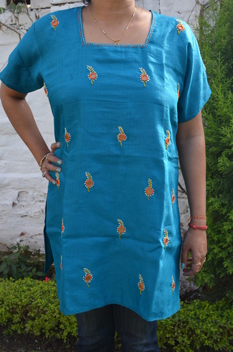 Blue Cotton Top with Mirror work hand embroidery