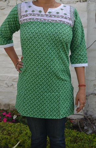 Green Print Top with Embroidery