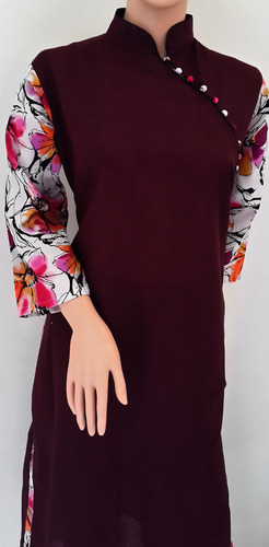 Handloom Cotton Kurta with Printed Cotton Sleeves