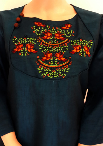 Handloom Cotton Kurta - Peacock Blue, Round Neck | Parrot Embroidery, Comfortable Fit, Stylish Design