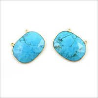 Turquoise Gemstone Bezel Connectors - 24x30mm Natural Turquoise, Faceted Cushion Shape, 925 Sterling Silver Vermeil 2 Micron Beads, Sparkling Finish