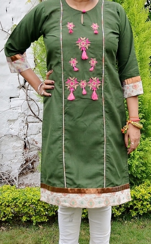 Handloom Cotton Kurta - Moss Green, Copper Pink Embroidery | Brocade Detail, Copper Shimmer, Relaxed Fit