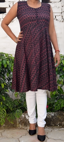 Ikat Cotton Sleeveless Kurta with Hand Embroidery