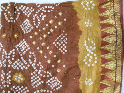 Brown And White Designer Cotton Bandhej Saree