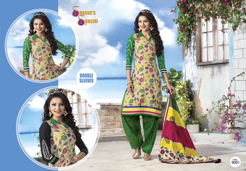 Stylish Cotton Dress Material - Top Satin Cotton, 2.20 Meters Length in Yellow and Green | Breathable, Quick Dry, Washable, Printed Design, Full Sleeves
