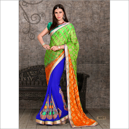 9901 - Silk Georgette Fabric, Size 6.30 | Colors: Green and Blue, Style: Bandhani, Features: Ribbons Closure, Stone Work, Suitable for Rainy, Spring, and Winter Seasons