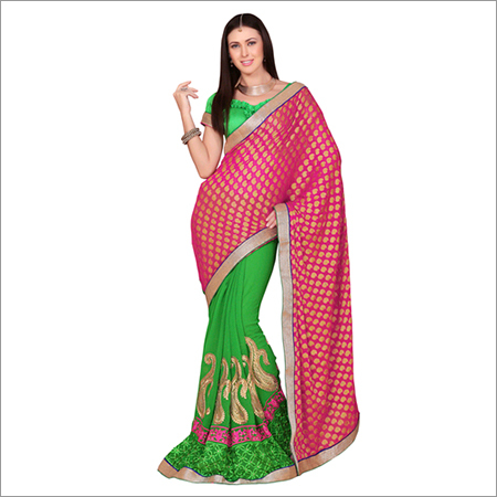 9902 - Chiffon Saree, Size: 6.30, Colors: Rani and Green | Bollywood Style, Embroidered Pattern for All Seasons