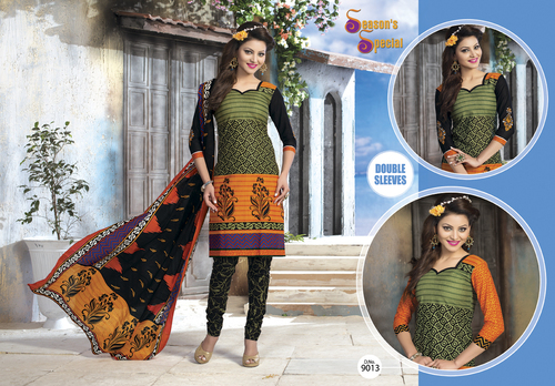 Season's Special Cotton Suit Materials - Cotton Silk, 2.20 Meters Lengths for Top, Bottom, and Dupatta, Orange and Green Printed Design | Breathable, Quick Dry, Washable, Full Sleeves, Suitable for All Seasons