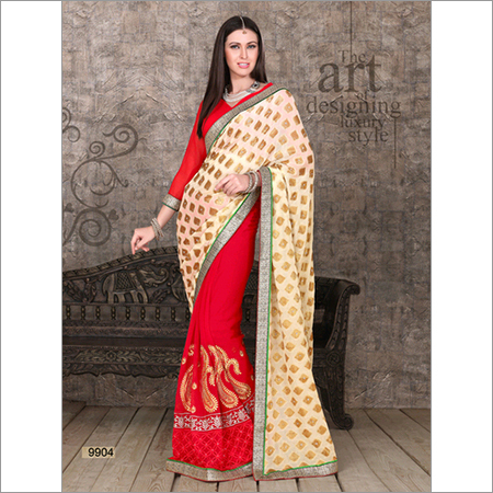 9904 - Georgette Fabric Fancy Saree, 6.30 Mtr in Red and Beige | Embroidered Bollywood Style for All Seasons