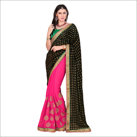 Black And Pink Embroidery Chiffon Sarees