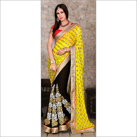 9906 - Khadi Polyester Georgette Fabric, 6.30 Mtr, Yellow & Black with Fancy Printed Sequin Work | Suitable for Summer, Winter, Rainy, Spring Seasons, Bollywood Style