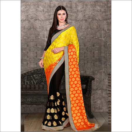 9909 - Georgette Saree - 6.30 Mtr, Red, Black & Yellow, Embroidered, Bollywood Style for All Seasons: Summer, Winter, Rainy, Spring