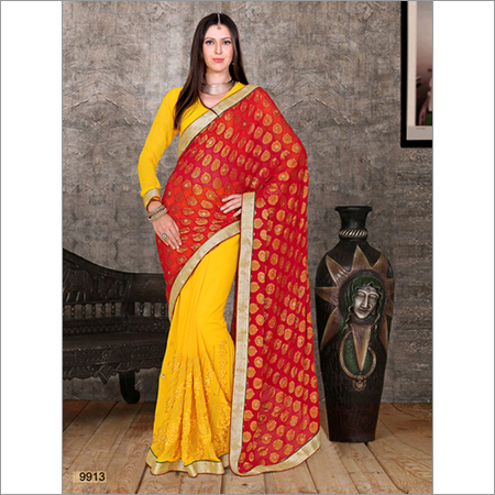 9913 - Jacquard Saree, Size: 6.30 | Printed Pattern, Colors: Red and Yellow, Bollywood Style, Suitable for All Seasons