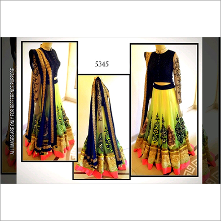 LEHNGA - Silk Fancy Lehenga | Yellow, Green, and Black Embroidered Design with Full Sleeves, Laces Decoration, All Season, Dry Clean Only