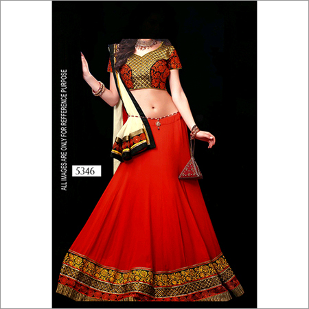 5346 - Taffeta Georgette Fabric, Size: Free, Color: Red & Golden | Short Sleeves, Embroidered Pattern, Party Wear, Dry Clean Only, Washable, No Fade