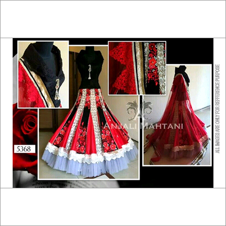 5368 - Net Lehenga, Free Size, Red & Black, Embroidered Style | Fancy Party Wear, Sleeveless, Washable, Lace Decoration, All Season