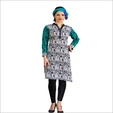 Shreeya - Cotton Blend Knee-Length Teal Kurti | Summer Wear, Comfortable Fit, Stylish Printed Design