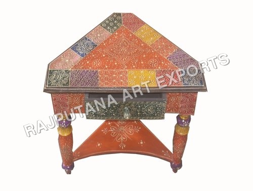 Wood Painted 1 Drawer Corner Stool - Wood, 38x38x43cm, Red | Space Saving, Hand-Painted, Durable Storage Drawer