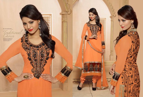 Dazzling Peach Georgette Churidar Salwar Suit