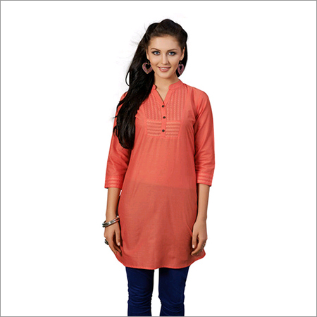 Choclate - Cotton, S-XL, Coral | Comfortable, Stylish Knee-Length Kurti, Mandarin Neck, Three-Quarter Sleeve