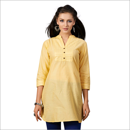 Choclate - Cotton, Knee-Length, Yellow | Soft Fabric, Mandarin Neckline, Three-Quarter Sleeve, Comfortable Fit, Summer Wear