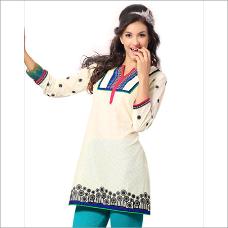 Hi Choice - Cotton Knee-Length Off-White Kurti, V-Neck Printed, Comfortable Fit, Stylish Summer Wear
