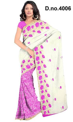 White Pink fancy printed saree