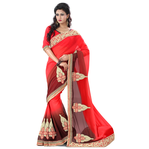 Red & Maroon Floral Motif Saree