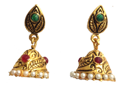 Imitation Gold Plated Jhumki - Imitation Gold, 2-3 cm, Gold Color | Traditional Style, Red & Green Stones, Durable Material