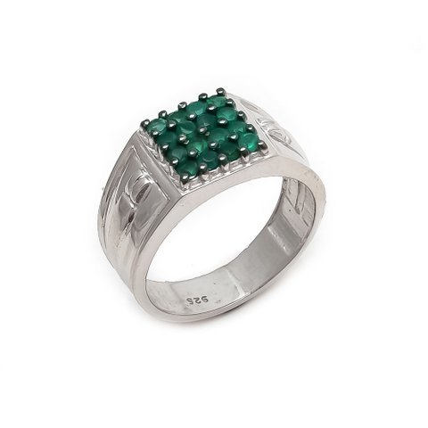Round Natural Green Onyx Gemstone Silver Mens Ring