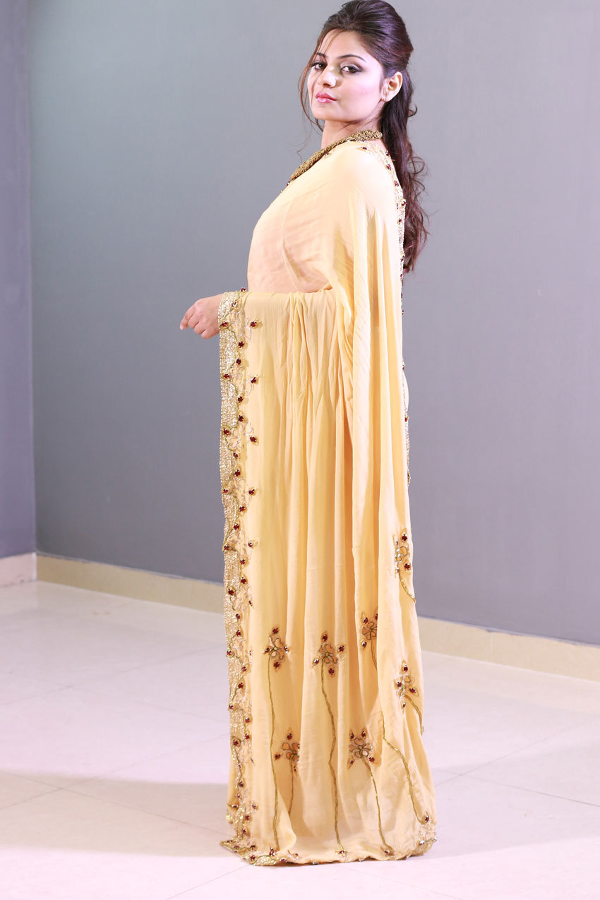 Heavy Stone Work Saree - Silk Beige Standard Size | Hand Embroidery Dubbka & Cutdana Work Bridal Ethnic Wear
