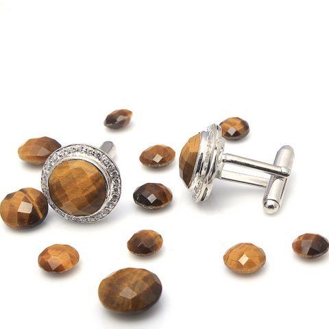 Round Natural Tiger Eye Gemstone Silver Mens Cufflinks