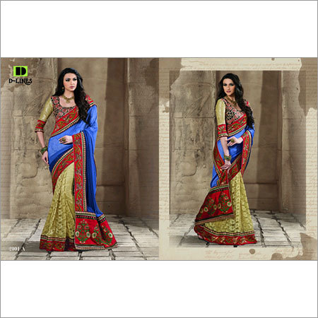 Dlines-Royal Blue Embroidered Net and Georgette Heavy Bordered Saree