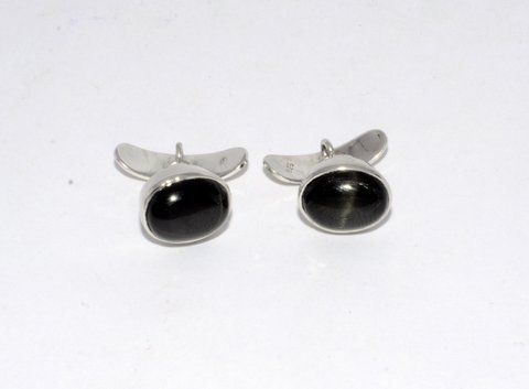 Round Natural Black Star Gemstone Charm Sterling Silver Mens Cufflinks